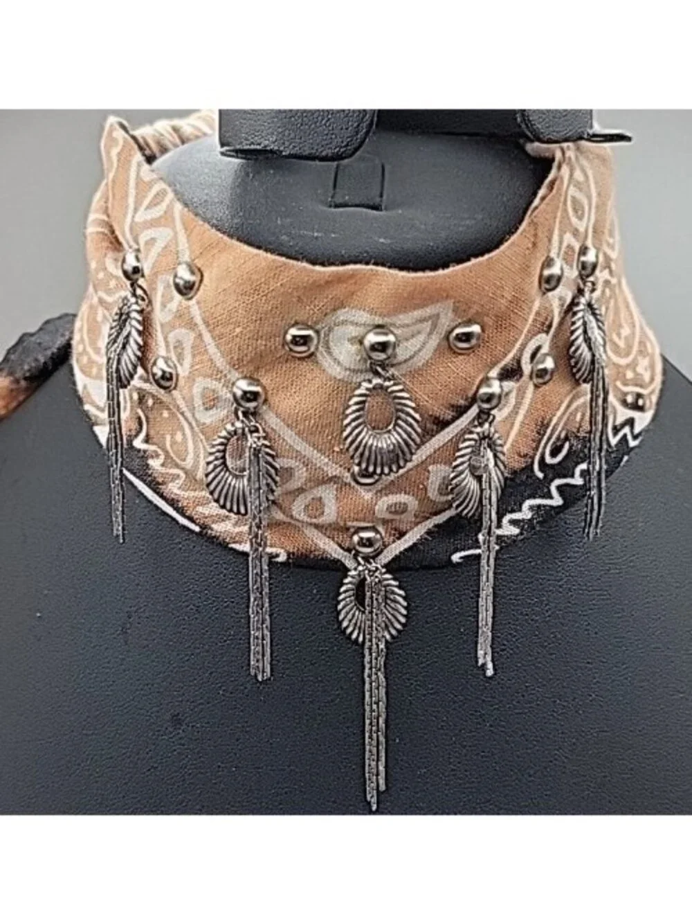 Dannijo Bandana Necklace Black Brown Print Silver Studs Fringe Boho Festival - Picture 3 of 13